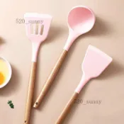 ✨可開發票#櫸木手柄硅膠鍋鏟家用炒菜鏟子湯勺漏勺不粘鍋專用全套勺鏟耐高溫