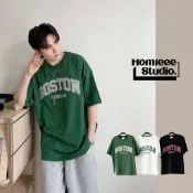 【HS.studio】韓版 短袖 BOSTON 刺繡 綠色 麻白 黑色 Oversize 男女可穿 情侶款