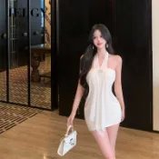 IELGY 藍色掛脖抹胸洋裝露背收腰短裙顯身材包臀裙