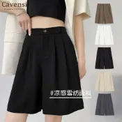 (店+)【Cavensi】西裝短褲 S-3XL單扣打褶顯瘦 後鬆緊腰 薄款感雪紡休閒短褲 西裝褲 A字短褲女 大尺碼短褲 61T