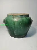 清代 石灣窯 綠釉獸耳 獸首罐，雙獸耳飾，釉色漂亮，口沿輕微7406