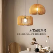 雷俊燈飾 110V吊燈 木製餐桌吊燈 LED吊燈 北歐南瓜吊燈日式侘寂風餐廳臥室燈 簡約創意原木藝中古民宿燈