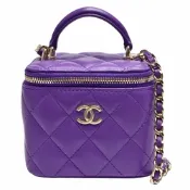 CHANEL香奈兒 經典雙C LOGO菱格小羊皮拉鍊手提/斜背小方包(紫色)