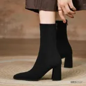 真皮粗跟磨砂短靴女2024秋冬季新款顯廋彈力靴子小個子顯高瘦蕊妮