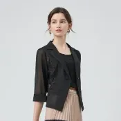 【ILEY 伊蕾】蕾絲網紗拼接透膚西裝外套(兩色；M-2L；1251164703)