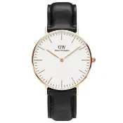 【Daniel Wellington】DW 手錶  Classic Sheffield 36mm爵士黑真皮皮革錶(DW00100036)