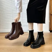 【臺灣出貨】真皮高跟方頭馬丁靴秋冬加絨中筒單靴後拉鍊短靴女士橡膠粗跟靴子