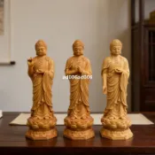 🔥限時下殺🔥崖柏木雕刻擺件 黃楊木雕三寶佛供奉擺件 阿彌陀佛釋迦摩尼佛藥師佛 木雕工藝品 神像 桌面擺件 書房木雕裝