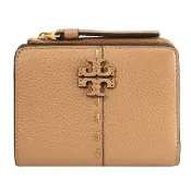 【TORY BURCH】簡約經典雙T LOGO荔枝皮革扣式零錢短夾(淺咖)