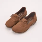 (店+)【DREAMS SHOP】牛巴戈_MIT真皮寬楦蝴蝶結雕花方頭娃娃鞋 棕色 大尺碼女鞋37-45