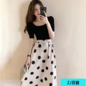 兩件套~韓版波點大擺傘裙 白色半身長裙 冰絲短袖上衣 高腰顯瘦a字長裙減齡氣質套裝 夏天洋裝 顯瘦 衣服