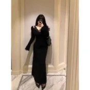 ❤️♬大碼女裝秋冬新款胖mm套裝性感假兩件蕾絲上衣植絨魚尾裙兩件套