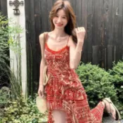 夏季新款清甜感雪紡印花連身裙女 前短後長顯身材氣質辣妹長洋裝