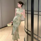 【桃喜Rich女裝】綠色旗袍 無袖旗袍 新款立領改良旗袍 復古長裙 修身顯瘦魚尾裙 特色露腰性感連身裙 新中式洋裝