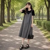 【YOUNGBABY】文青灰色吊帶裙撞色假兩件洋裝 中大尺碼女裝