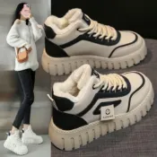(店+)雪靴女冬季加絨保暖棉鞋韓版學生黑色高幫復古休閑鞋厚底防水防滑運動鞋跑步減震輕便慢跑鞋大尺碼登山滑雪鞋子戶外媽媽舒適健走鞋