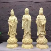 黃楊木觀世音菩薩 西方三聖(居家觀音菩薩佛像 觀世音菩薩 阿彌陀佛 大勢至菩薩)