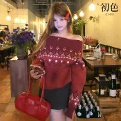 初色 慵懶圖騰緹花一字領長袖套頭寬鬆保暖針織毛衣上衣女上衣-紅色-17957(F可選)