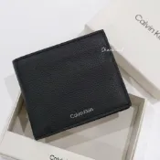 【Sharkhead】現貨 Calvin Klein 荔枝紋 錢包 皮夾 銀標 短夾 CK 黑色 卡夾 皮革 素面 黑銀