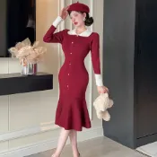 複古小香風撞色翻領長袖單排扣收腰顯瘦氣質荷葉邊針織連衣裙 洋裝 正韓 禮服 連身裙 包臀裙