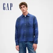 【Gap】寬鬆法蘭絨襯衫-深藍格紋(873122)