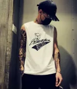 FINDSENSE服飾 FINDSENSE MD 日系 潮 男 寬鬆 街頭時尚 小狗字母印花 特色無袖T恤 背心 上衣 圖案背心