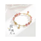 (店+)【開運堂】 ６ｍｍ草莓晶 披星戴月 手鍊純銅電鍍１４ｋ金女桃花運招桃花灰月光石手串旺姻緣飾品批發