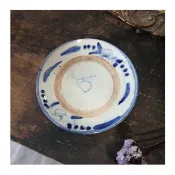 越南老件.早期手工瓷器.直徑13.5cm老瓷盤.青花.疊燒澀圈.約1950