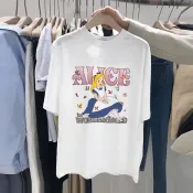  白色愛麗絲公主字母純女生上衣 慵懶風 男生短袖 oversize寬鬆 韓版短T 圓領半袖 上衣女夏季新款ins寬鬆
