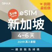 可刷卡【SIMAX】新加坡 eSIM 4-6天｜S4｜3分鐘快速取件 新加坡環球影城 魚尾獅公園 濱海灣 吃到飽 不降速