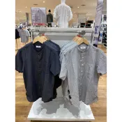 優衣庫 KEMEJA KATUN UNIQLO 男式短袖直立領棉麻襯衫