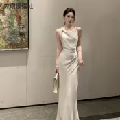 【森熠】法式洋裝 實拍 氣質感高階緞面連衣裙扭結吊帶收腰顯瘦魚尾裙 長款連身裙 晚會派對禮裙