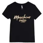 MOSCHINO SWIM 希臘製薄棉立體金色大LOGO圖騰圓領女T恤(黑底)