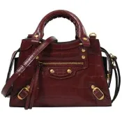 BALENCIAGA 巴黎世家  Neo Classic City Mini 金釦鉚釘鱷魚壓紋迷你手提兩用包(酒紅)