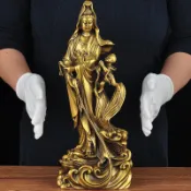 協貿國際日用品生活4館 純銅觀音擺件童子拜觀世音菩薩觀音像家居客廳佛堂家用供奉工藝品