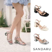 山打努SANDARU-涼鞋 方頭交叉細帶繫踝粗跟涼鞋