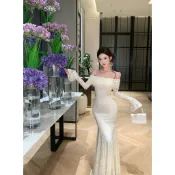  【Lorine匯衣閣】御姐氣質穿搭 一字肩蕾絲洋裝 露肩連衣裙 米白色魚尾裙 派對洋裝 長袖洋裝