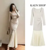 KAEN SHOP ❤️8747秋天長版洋裝 方領長袖連身裙 氣質高級感洋裝 方領拼接網紗魚尾裙 魚尾洋裝