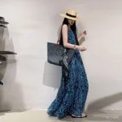 【好物優選】無袖連身裙 洋裝 韓國 A字裙 夏季深藍色碎花連衣裙吊帶長裙高個子加長版海邊拍照度假沙灘超僊 6666