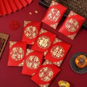 新款燙金加厚百元對摺紅包袋大吉大利福喜字結婚通用款高檔利是封新年紅包紅色紅包春節紅包喜事紅包