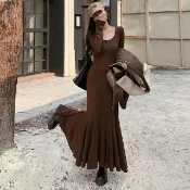 【AS 梨卡】女裝 上衣 洋裝 連身裙 連身長裙 魚尾裙長裙 修身性感顯瘦 保暖顯瘦洋裝 WT152