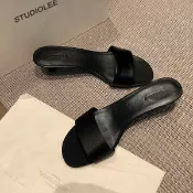羊皮葡萄媽極簡風氣質真絲壹字帶高跟鞋小貓跟拖鞋女款夏外穿涼拖#Hi, 享樂百貨#