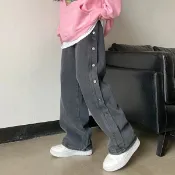 胖胖美依 牛仔長褲 寬褲 直筒褲S-XL新款高街FOG風排扣褲牛仔褲直筒長褲寬鬆水洗側邊鈕扣闊腿褲長褲R033-603