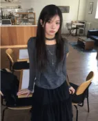 條紋拼接假兩件緊身長袖T恤   100449