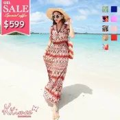 KKimee╭＊多色渡假風【FM16】 露肩圖騰碎花長裙 沙灘裙連身裙長洋裝露肩上衣