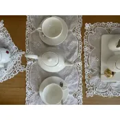 🌷現貨限量❤️法式優雅刺繡早期手工刺繡純棉蕾絲桌巾6件組｜法式復古桌旗 餐墊 茶席 下午茶 鄉村風 老件