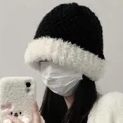 【AnnaSofia】保暖毛帽淑女帽網美帽漁夫帽盆帽鐘型帽-粗織拼色毛絨 現貨(黑系)