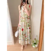 無袖 花洋裝 抽繩 蛋糕裙擺 顯瘦 夏天花洋裝