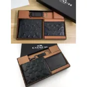 「木木」COACH美國outlet款 素面牛皮壓C紋 男士浮雕C LOGO短夾 多卡夾禮盒