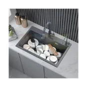 (店+)深灰色石英石水槽大單槽廚房水池洗碗池花崗巖洗菜盆洗碗槽臺上下高級輕奢水槽組合